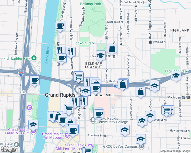 map of restaurants, bars, coffee shops, grocery stores, and more near 49 Hastings Street Northeast in Grand Rapids