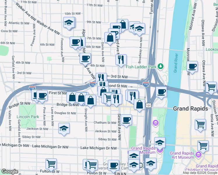 map of restaurants, bars, coffee shops, grocery stores, and more near 643 First Street Northwest in Grand Rapids