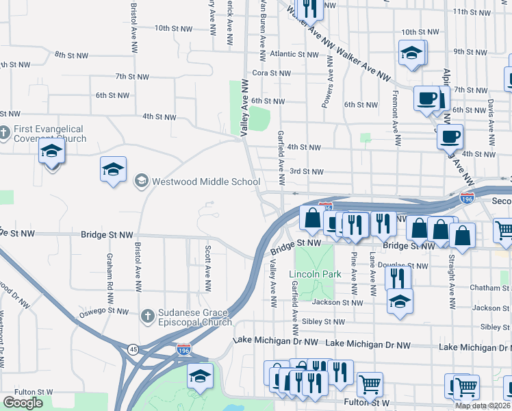 map of restaurants, bars, coffee shops, grocery stores, and more near 451 Valley Avenue Northwest in Grand Rapids