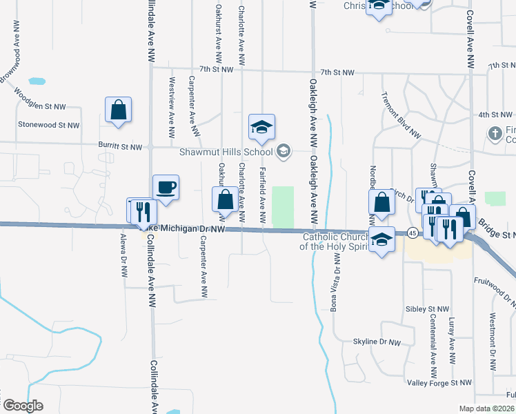 map of restaurants, bars, coffee shops, grocery stores, and more near 2549 Lake Michigan Drive Northwest in Grand Rapids
