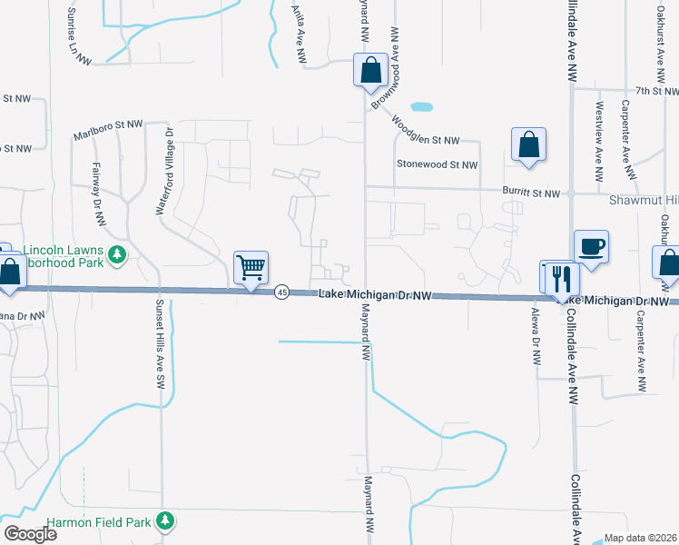 map of restaurants, bars, coffee shops, grocery stores, and more near in Walker