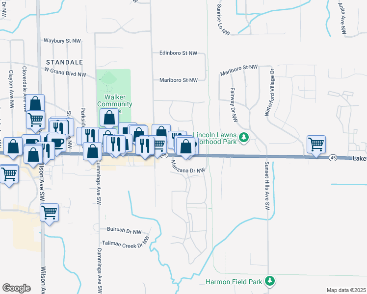 map of restaurants, bars, coffee shops, grocery stores, and more near 3900 Lake Michigan Drive Northwest in Walker