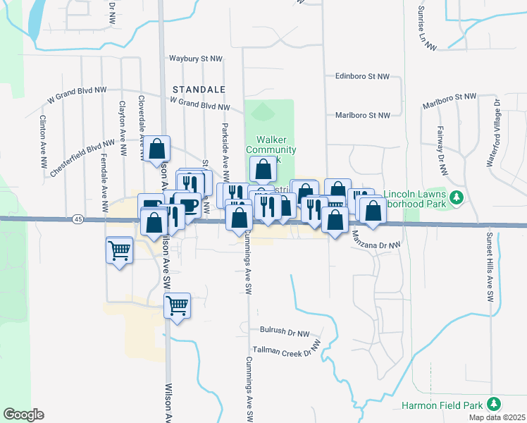 map of restaurants, bars, coffee shops, grocery stores, and more near 4160 Lake Michigan Drive Northwest in Grand Rapids