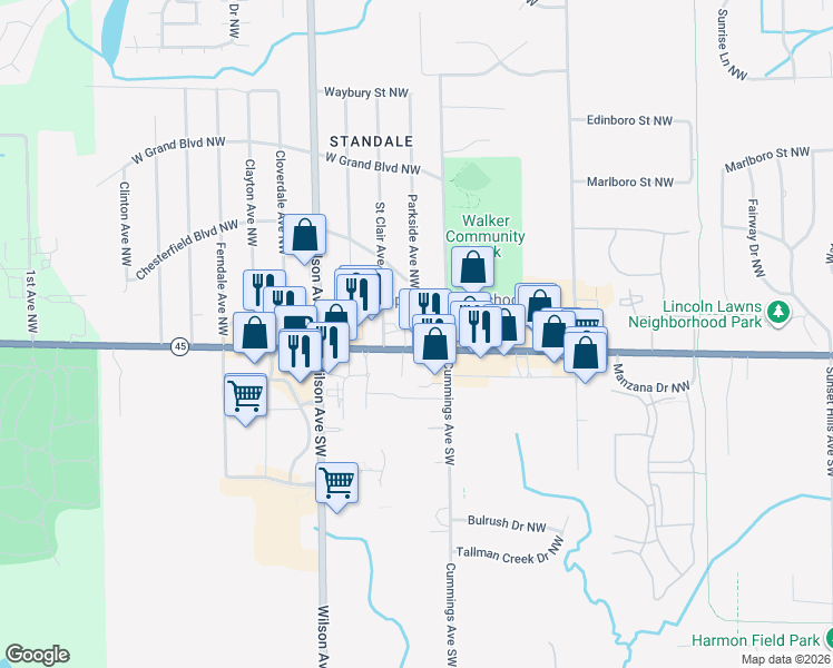 map of restaurants, bars, coffee shops, grocery stores, and more near 4264 Lake Michigan Drive Northwest in Grand Rapids