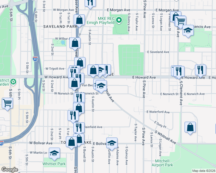 map of restaurants, bars, coffee shops, grocery stores, and more near 414 East Norwich Street in Milwaukee