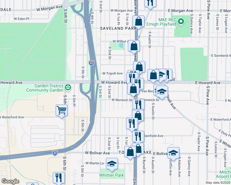 map of restaurants, bars, coffee shops, grocery stores, and more near 3975 South 1st Place in Milwaukee