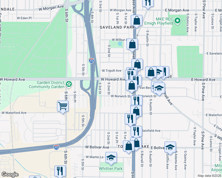 map of restaurants, bars, coffee shops, grocery stores, and more near 3977 South 2nd Street in Milwaukee