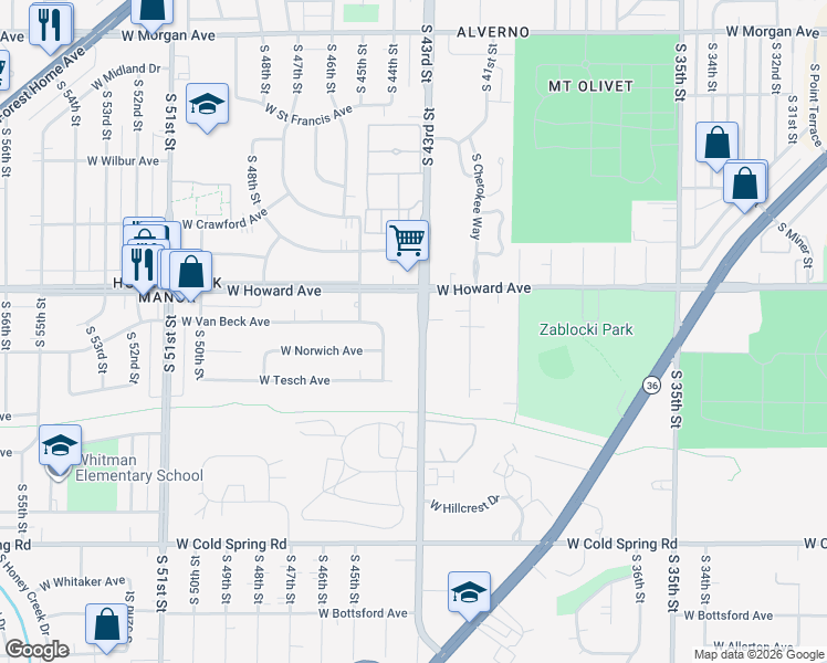 map of restaurants, bars, coffee shops, grocery stores, and more near 3961 South 43rd Street in Greenfield