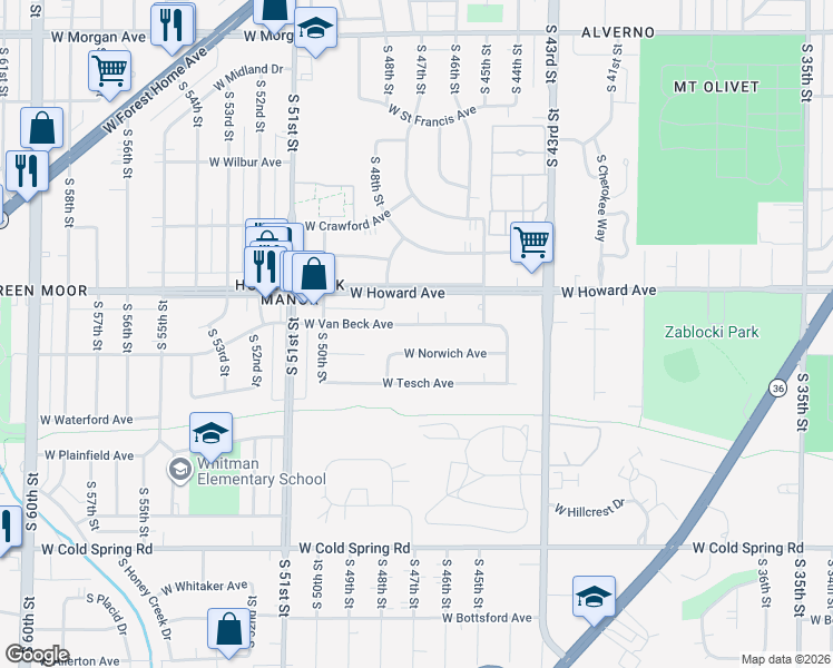 map of restaurants, bars, coffee shops, grocery stores, and more near 4703 West Norwich Avenue in Greenfield