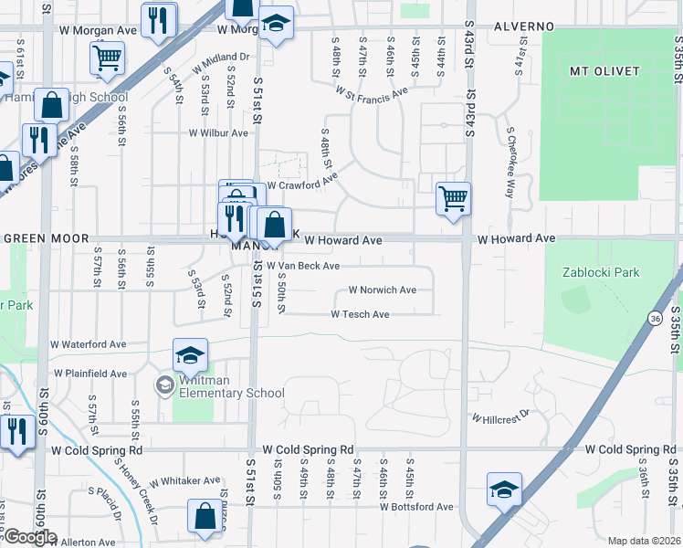 map of restaurants, bars, coffee shops, grocery stores, and more near 4703 West Norwich Avenue in Greenfield