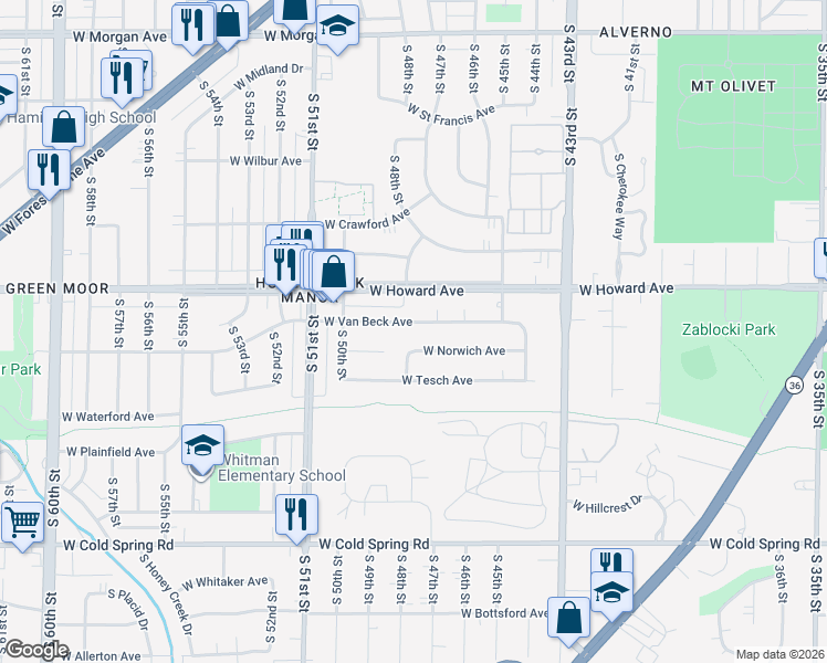 map of restaurants, bars, coffee shops, grocery stores, and more near 4703 West Norwich Avenue in Greenfield