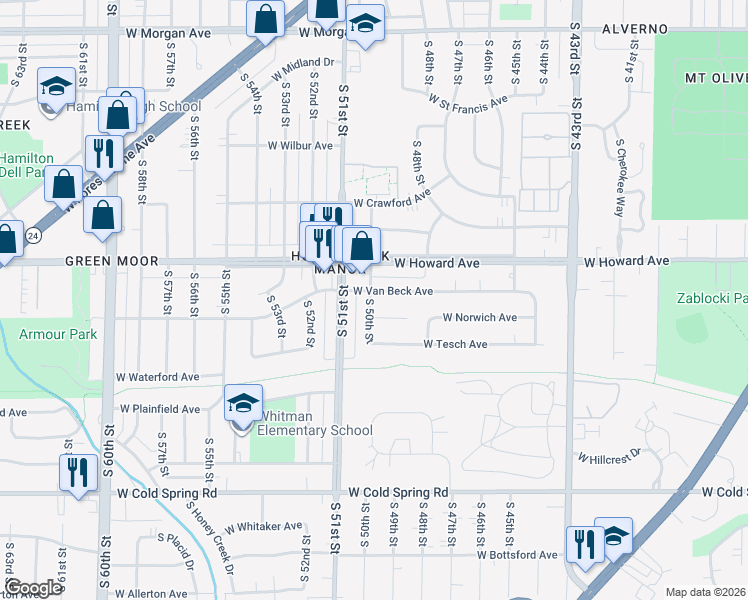 map of restaurants, bars, coffee shops, grocery stores, and more near 4931 West Norwich Court in Milwaukee