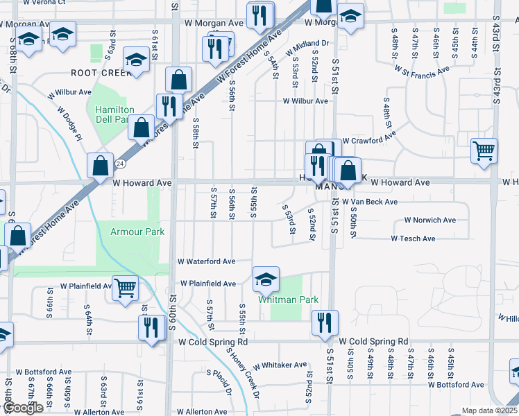 map of restaurants, bars, coffee shops, grocery stores, and more near 5409 West Norwich Street in Milwaukee