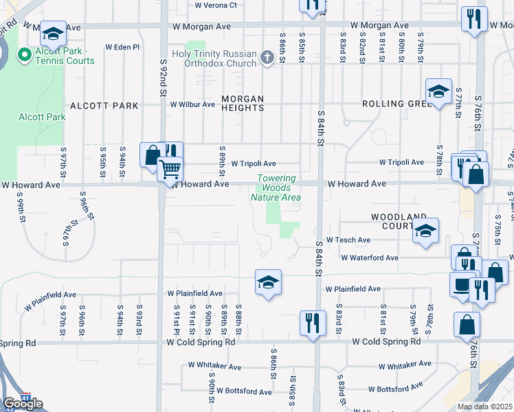 map of restaurants, bars, coffee shops, grocery stores, and more near 3940 South Prairie Hill Lane in Greenfield