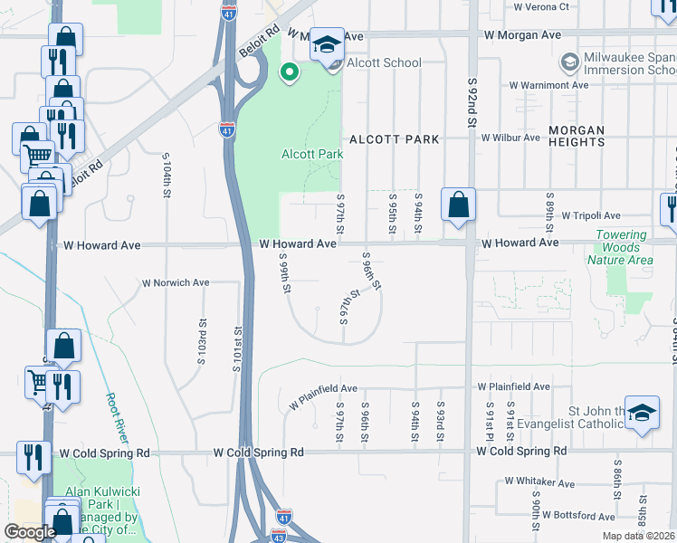 map of restaurants, bars, coffee shops, grocery stores, and more near 3961 South 97th Street in Greenfield