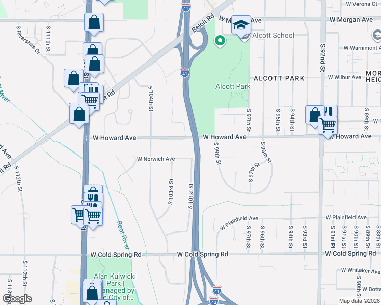 map of restaurants, bars, coffee shops, grocery stores, and more near 4000 South 103rd Street in Greenfield