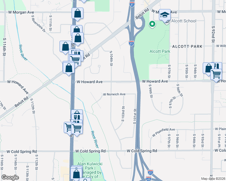 map of restaurants, bars, coffee shops, grocery stores, and more near 3965 South 104th Street in Greenfield