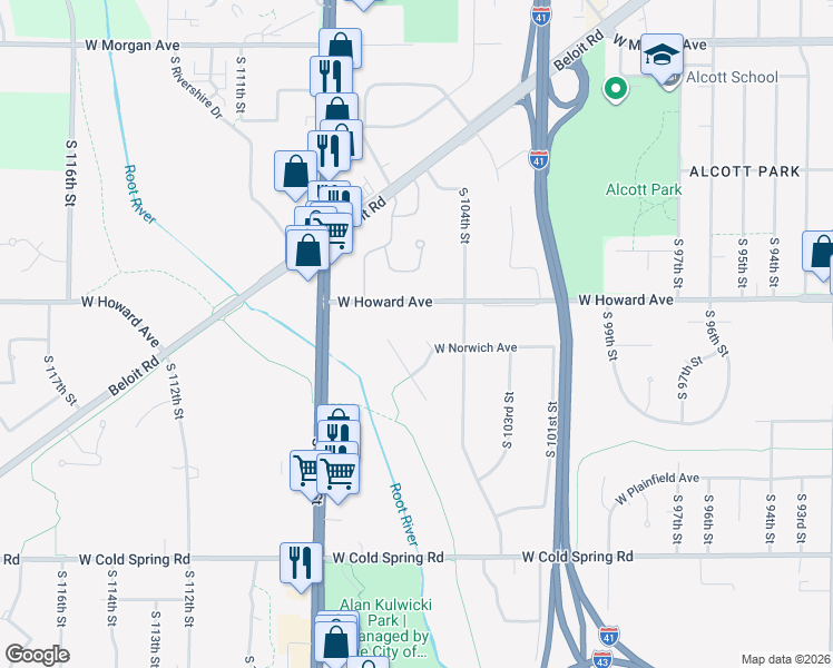 map of restaurants, bars, coffee shops, grocery stores, and more near 10482 West Norwich Avenue in Greenfield