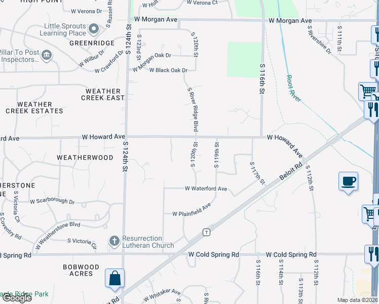 map of restaurants, bars, coffee shops, grocery stores, and more near 3981 South 120th Street in Greenfield