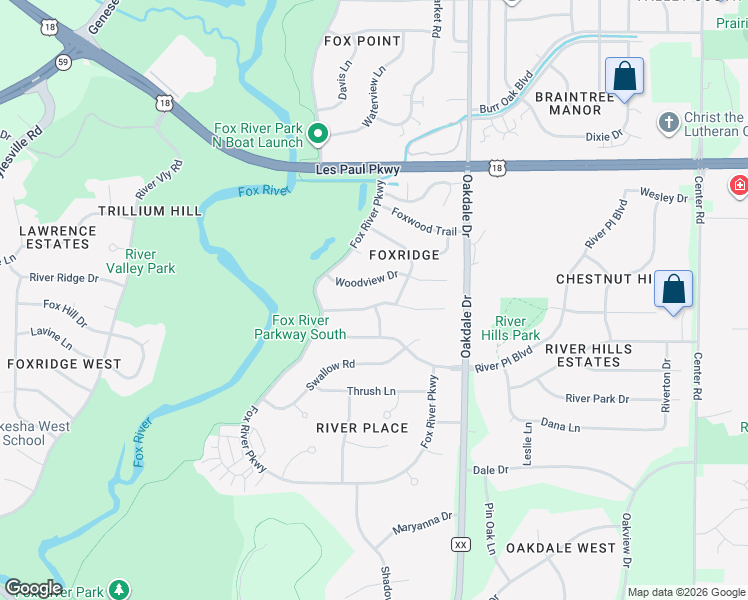 map of restaurants, bars, coffee shops, grocery stores, and more near 2260 Wren Lane in Waukesha