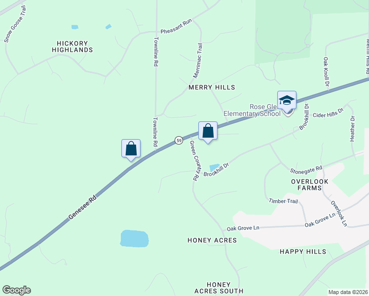 map of restaurants, bars, coffee shops, grocery stores, and more near S39W27843 Genesee Road in Waukesha