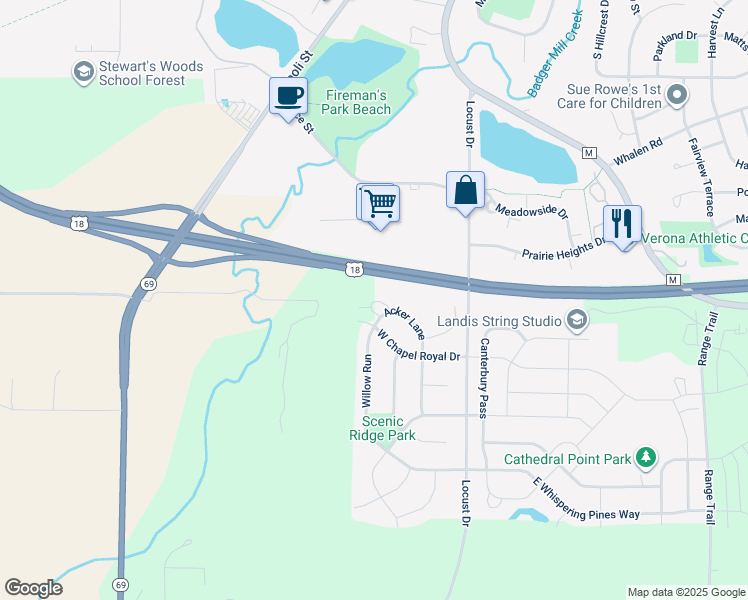 map of restaurants, bars, coffee shops, grocery stores, and more near 1104 Willow Run in Verona