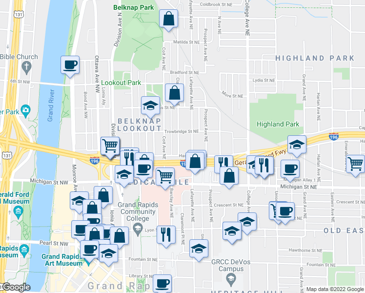 map of restaurants, bars, coffee shops, grocery stores, and more near 518 Clancy Avenue Northeast in Grand Rapids