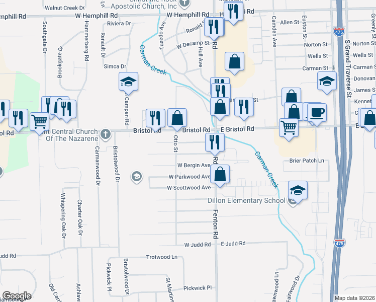 map of restaurants, bars, coffee shops, grocery stores, and more near 1072 West Bergin Avenue in Flint
