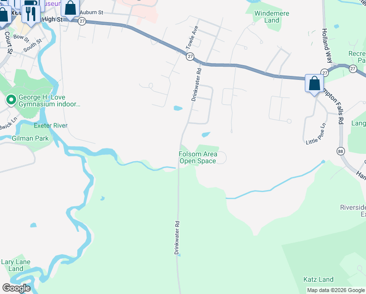map of restaurants, bars, coffee shops, grocery stores, and more near 15 Prentiss Way in Exeter