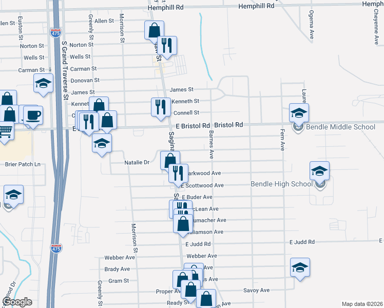 map of restaurants, bars, coffee shops, grocery stores, and more near G-4085 Saginaw Street in Burton