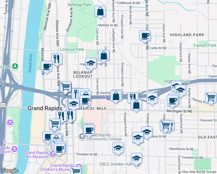 map of restaurants, bars, coffee shops, grocery stores, and more near 224 Hastings Street Northeast in Grand Rapids