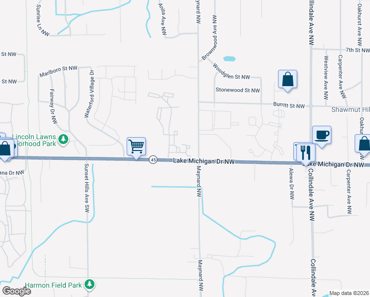 map of restaurants, bars, coffee shops, grocery stores, and more near in Walker