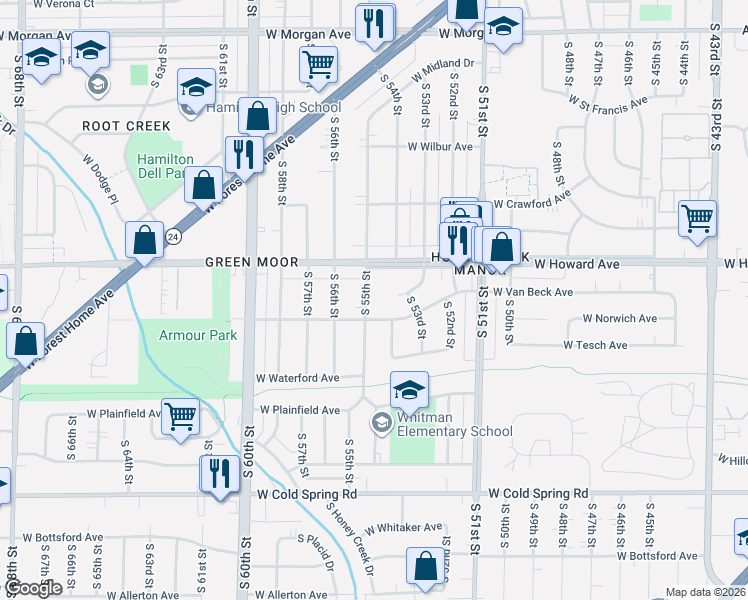 map of restaurants, bars, coffee shops, grocery stores, and more near 5409 West Norwich Street in Milwaukee