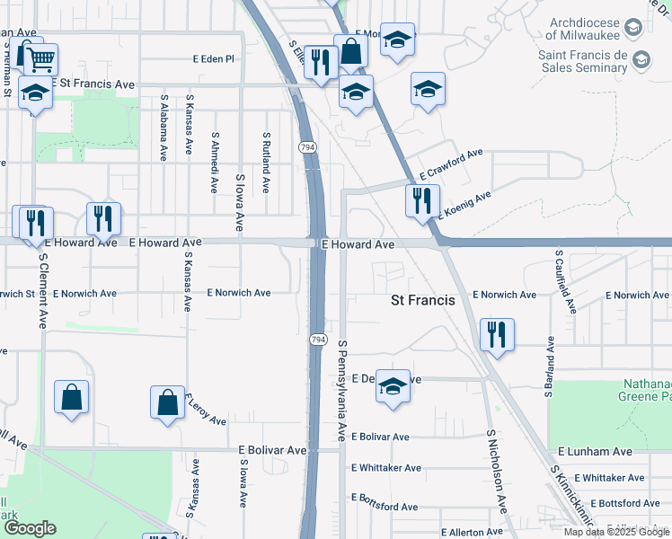 map of restaurants, bars, coffee shops, grocery stores, and more near 2314 East Norwich Avenue in Saint Francis