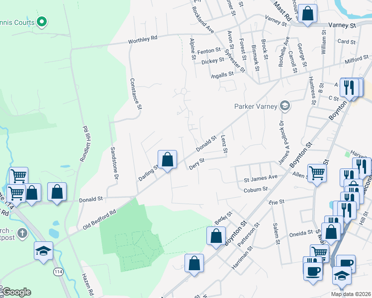 map of restaurants, bars, coffee shops, grocery stores, and more near 401 Donald Street in Bedford