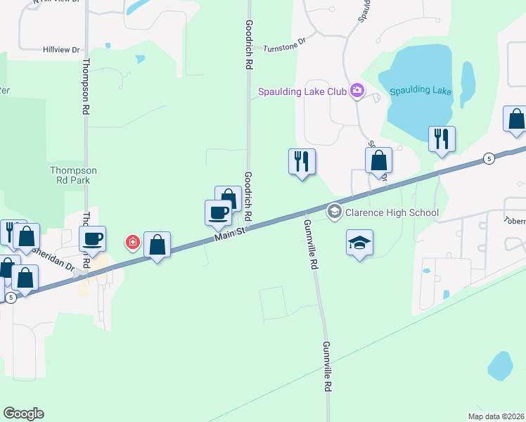 map of restaurants, bars, coffee shops, grocery stores, and more near 9520 Main Street in Clarence