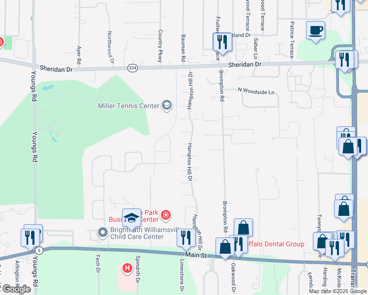 map of restaurants, bars, coffee shops, grocery stores, and more near 102 Hampton Hill Drive in Buffalo