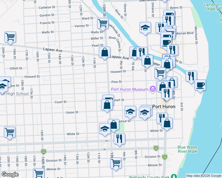 map of restaurants, bars, coffee shops, grocery stores, and more near 1102 10th Street in Port Huron