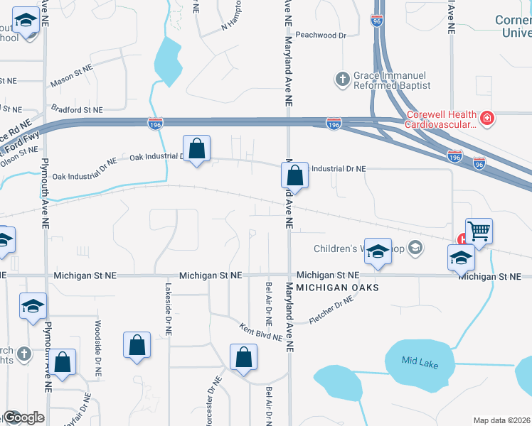 map of restaurants, bars, coffee shops, grocery stores, and more near 470 Baltimore Drive Northeast in Grand Rapids