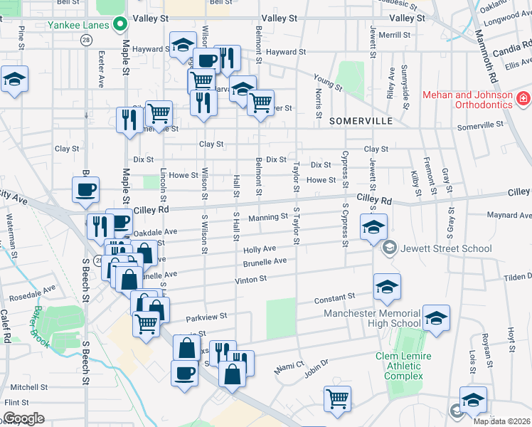 map of restaurants, bars, coffee shops, grocery stores, and more near 48 Villa Street in Manchester
