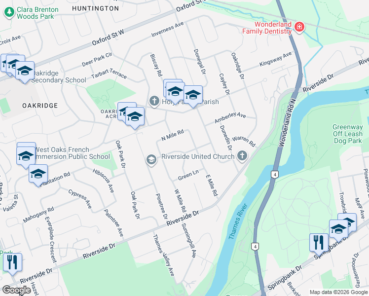 map of restaurants, bars, coffee shops, grocery stores, and more near 763 Oban Crescent in London