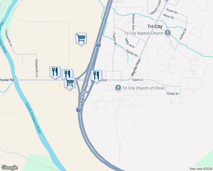 map of restaurants, bars, coffee shops, grocery stores, and more near 123 Peacock Lane in Myrtle Creek
