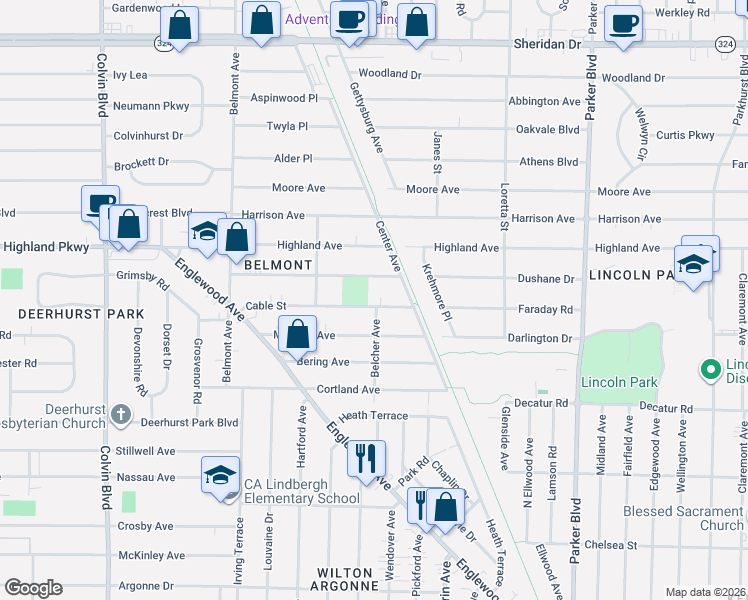 map of restaurants, bars, coffee shops, grocery stores, and more near 118 Moulton Avenue in Buffalo