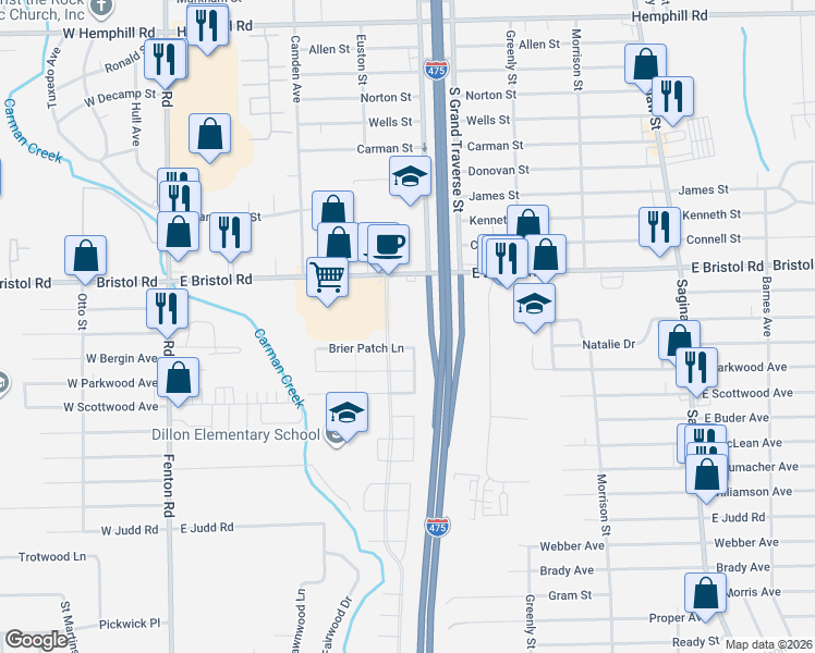 map of restaurants, bars, coffee shops, grocery stores, and more near 1229 Tanglewood Lane in Burton