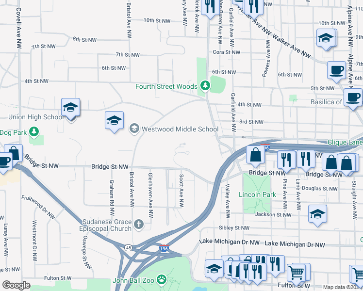 map of restaurants, bars, coffee shops, grocery stores, and more near 1425 Bridge Street Northwest in Grand Rapids