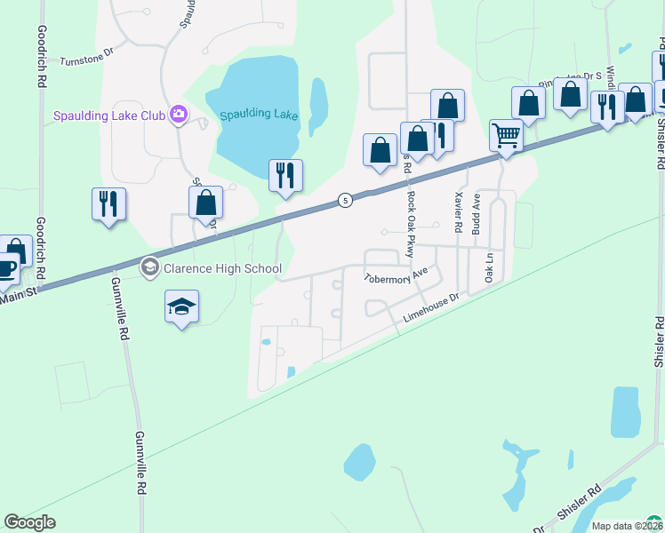 map of restaurants, bars, coffee shops, grocery stores, and more near 4681 Hampstead Drive in Clarence