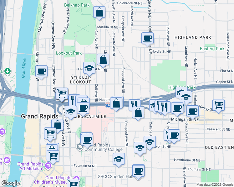 map of restaurants, bars, coffee shops, grocery stores, and more near 501 Lafayette Avenue Northeast in Grand Rapids