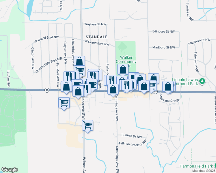 map of restaurants, bars, coffee shops, grocery stores, and more near 4264 Lake Michigan Drive Northwest in Grand Rapids