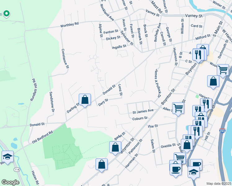 map of restaurants, bars, coffee shops, grocery stores, and more near 121 Rose Terrace in Manchester
