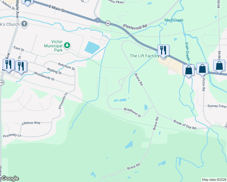 map of restaurants, bars, coffee shops, grocery stores, and more near 6614 Bradhurst Street in Victor